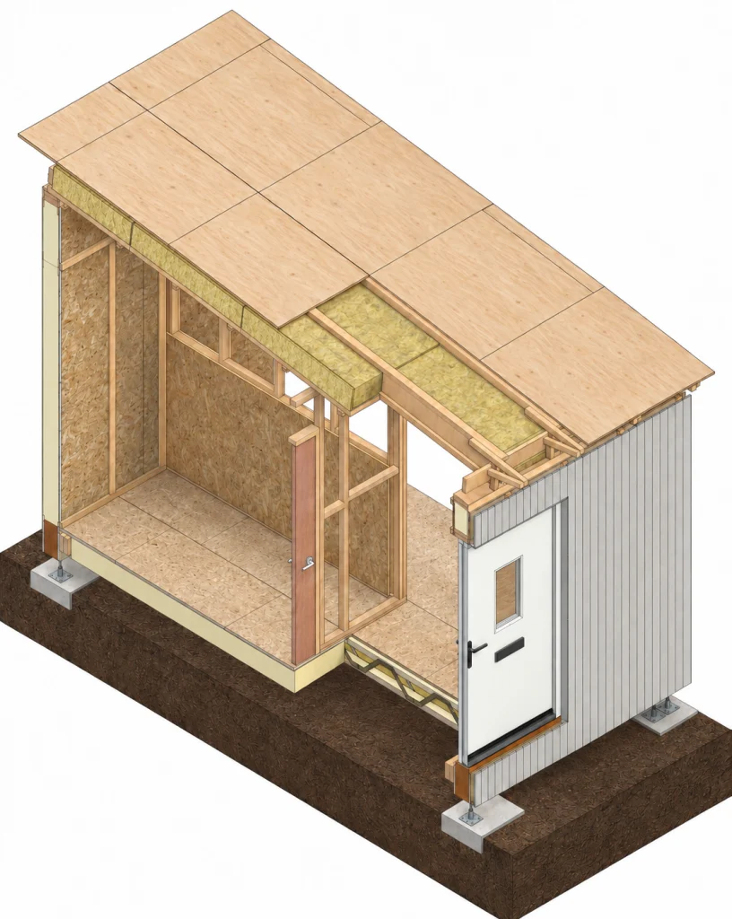 Cutaway rendering of a Pathway building assembled from two dimensional panels